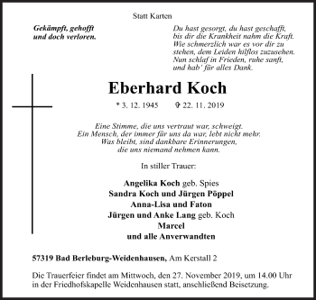 Traueranzeige von Eberhard Koch von Siegener Zeitung