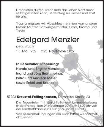 Traueranzeige von Edelgard Menzler von Siegener Zeitung
