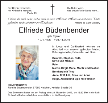 Traueranzeige von Elfriede Büdenbender von Siegener Zeitung