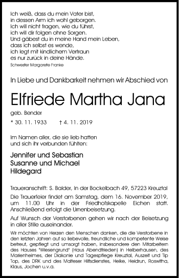 Traueranzeige von Elfriede Martha Jana von Siegener Zeitung
