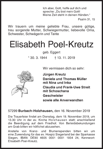 Traueranzeige von Elisabeth Poel-Kreutz von Siegener Zeitung