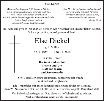 Traueranzeige von Else Dickel von Siegener Zeitung