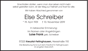 Traueranzeige von Else Schreiber von Siegener Zeitung