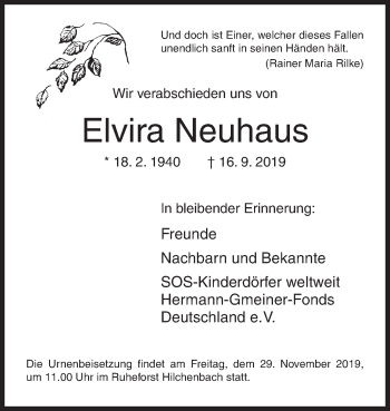 Traueranzeige von Elvira Neuhaus von Siegener Zeitung