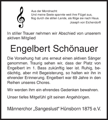 Traueranzeige von Engelbert Schönauer von Siegener Zeitung