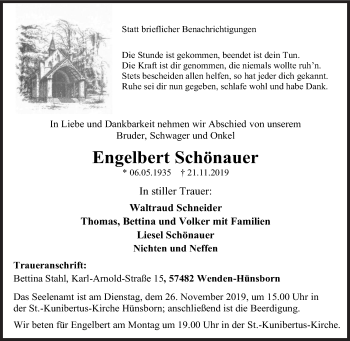 Traueranzeige von Engelbert Schönauer von Siegener Zeitung