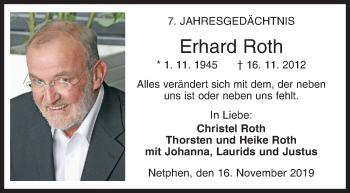 Traueranzeige von Erhard Roth von Siegener Zeitung