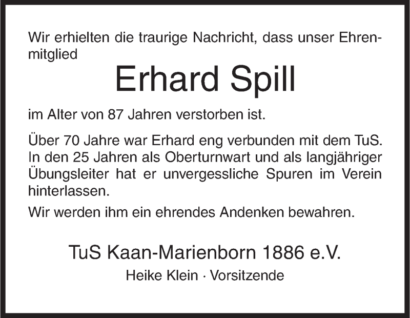  Traueranzeige für Erhard Spill vom 05.11.2019 aus Siegener Zeitung