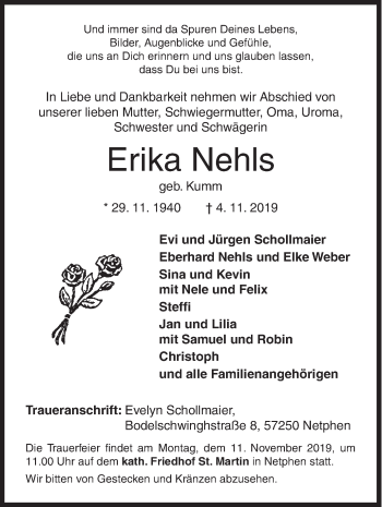 Traueranzeige von Erika Nehls von Siegener Zeitung