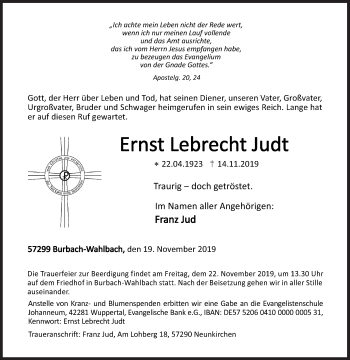 Traueranzeige von Ernst Lebrecht Judt von Siegener Zeitung