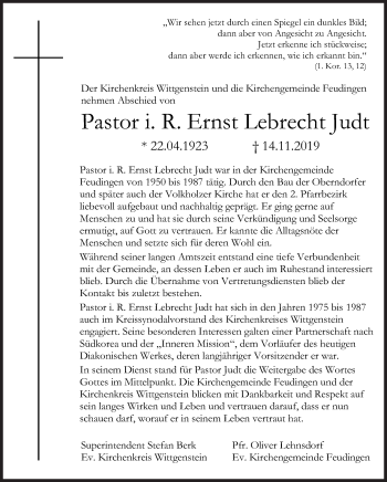Traueranzeige von Ernst Lebrecht Judt von Siegener Zeitung