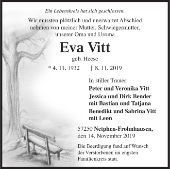 Traueranzeige von Eva Vitt von Siegener Zeitung