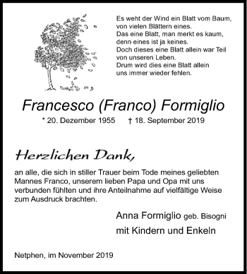 Traueranzeige von Francesco Formiglio von Siegener Zeitung