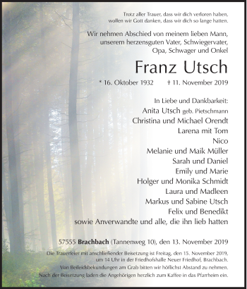 Traueranzeige von Franz Utsch von Siegener Zeitung