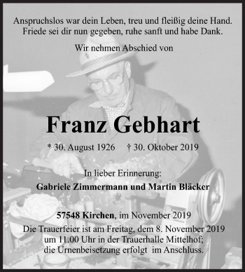 Traueranzeige von FranzGebhart Gebhart von Siegener Zeitung