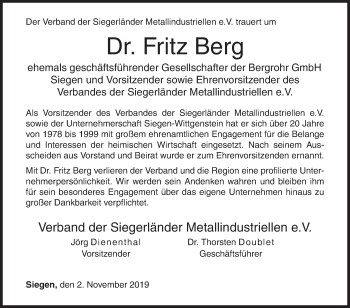 Traueranzeige von Fritz Berg von Siegener Zeitung