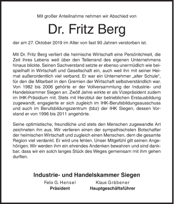 Traueranzeige von Fritz Berg von Siegener Zeitung