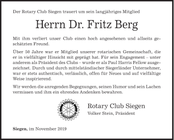 Traueranzeige von Fritz Berg von Siegener Zeitung
