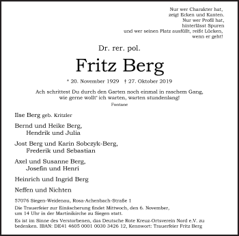 Traueranzeige von FritzBerg Berg von Siegener Zeitung