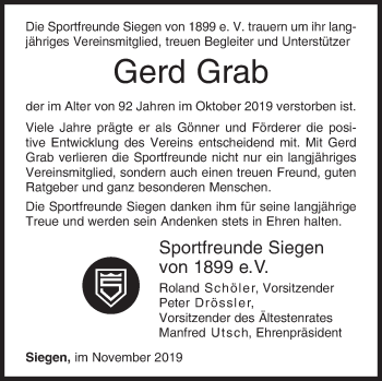 Traueranzeige von Gerd Grab von Siegener Zeitung