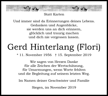 Traueranzeige von Gerd Hinterlang  von Siegener Zeitung