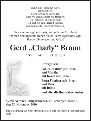 Traueranzeige von Gerd Charly Braun von Siegener Zeitung