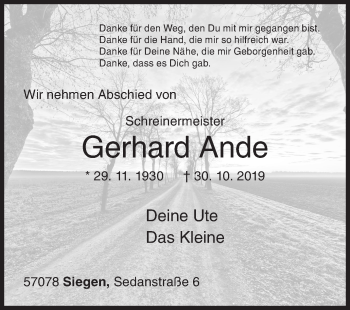 Traueranzeige von Gerhard Ande von Siegener Zeitung