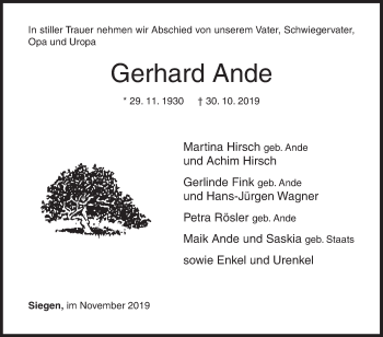 Traueranzeige von Gerhard Ande von Siegener Zeitung