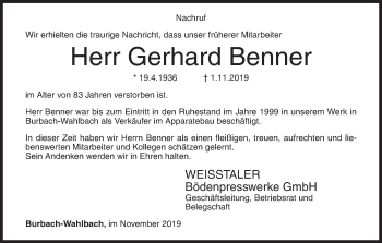 Traueranzeige von Gerhard Benner von Siegener Zeitung