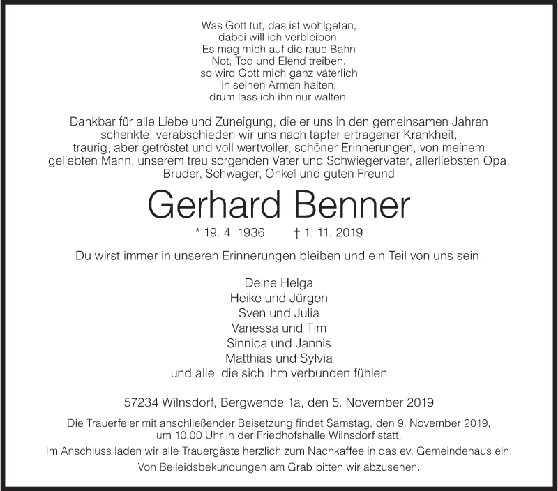  Traueranzeige für Gerhard Benner vom 05.11.2019 aus Siegener Zeitung