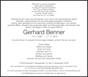 Traueranzeige von Gerhard Benner von Siegener Zeitung