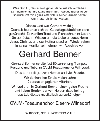 Traueranzeige von Gerhard Benner von Siegener Zeitung