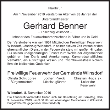 Traueranzeige von Gerhard Benner von Siegener Zeitung