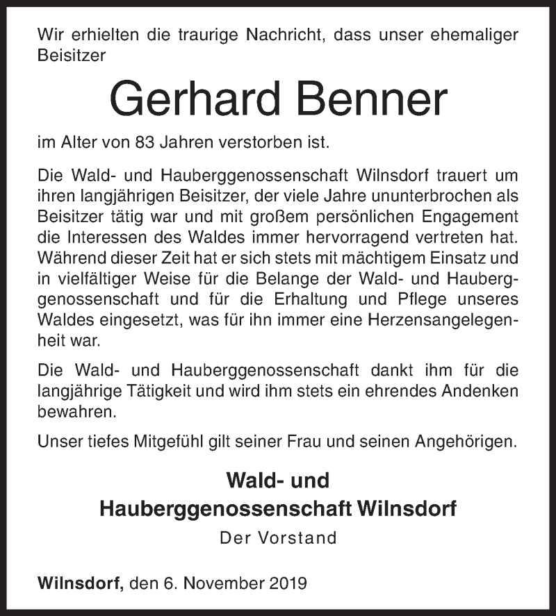  Traueranzeige für Gerhard Benner vom 06.11.2019 aus Siegener Zeitung
