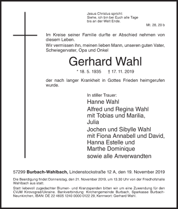 Traueranzeige von Gerhard Wahl von Siegener Zeitung