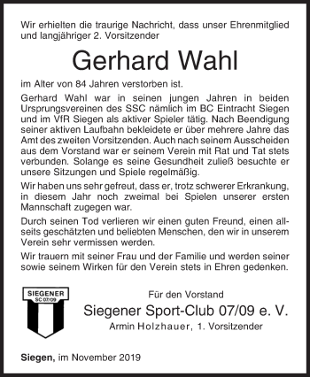 Traueranzeige von Gerhard Wahl von Siegener Zeitung