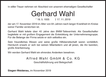 Traueranzeige von Gerhard Wahl von Siegener Zeitung