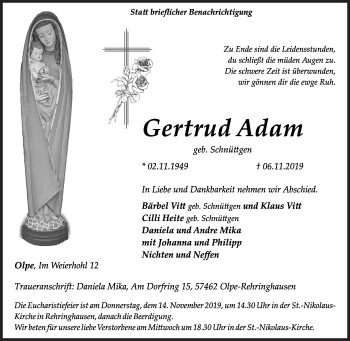 Traueranzeige von Gertrud Adam von Siegener Zeitung