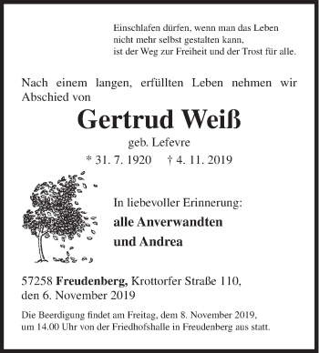 Traueranzeige von Gertrud Weiß von Siegener Zeitung