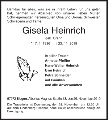 Traueranzeige von Gisela Heinrich von Siegener Zeitung