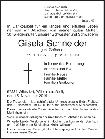 Traueranzeige von Gisela Schneider von Siegener Zeitung