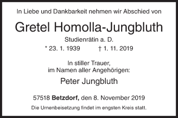 Traueranzeige von Gretel Homolla-Jungbluth von Siegener Zeitung