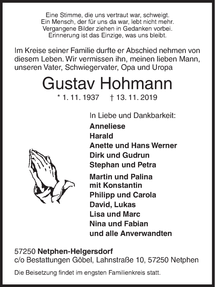  Traueranzeige für Gustav Hohmann vom 16.11.2019 aus Siegener Zeitung