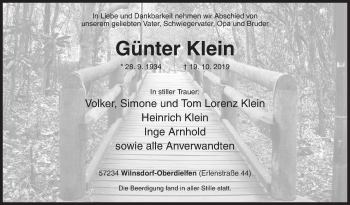 Traueranzeige von Günter Klein von Siegener Zeitung