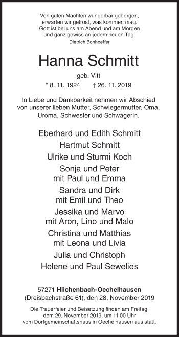 Traueranzeige von Hanna Schmitt von Siegener Zeitung