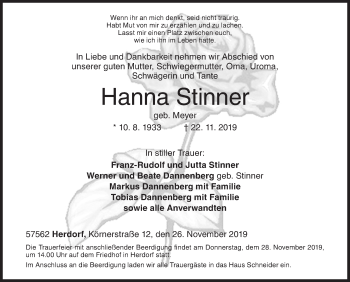 Traueranzeige von Hanna Stinner von Siegener Zeitung