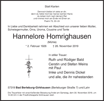 Traueranzeige von Hannelore Homrighausen von Siegener Zeitung