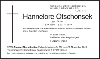 Traueranzeige von Hannelore Otschonsek von Siegener Zeitung