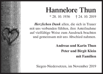 Traueranzeige von Hannelore Thun von Siegener Zeitung