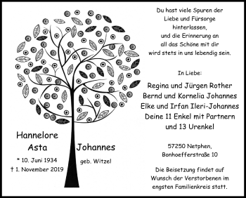 Traueranzeige von Hannelore Asta Johannes von Siegener Zeitung